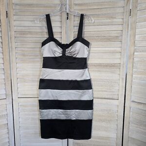 CACHE Black and Champagne Tan Striped Satin Bustier Dress Size 6 NWT